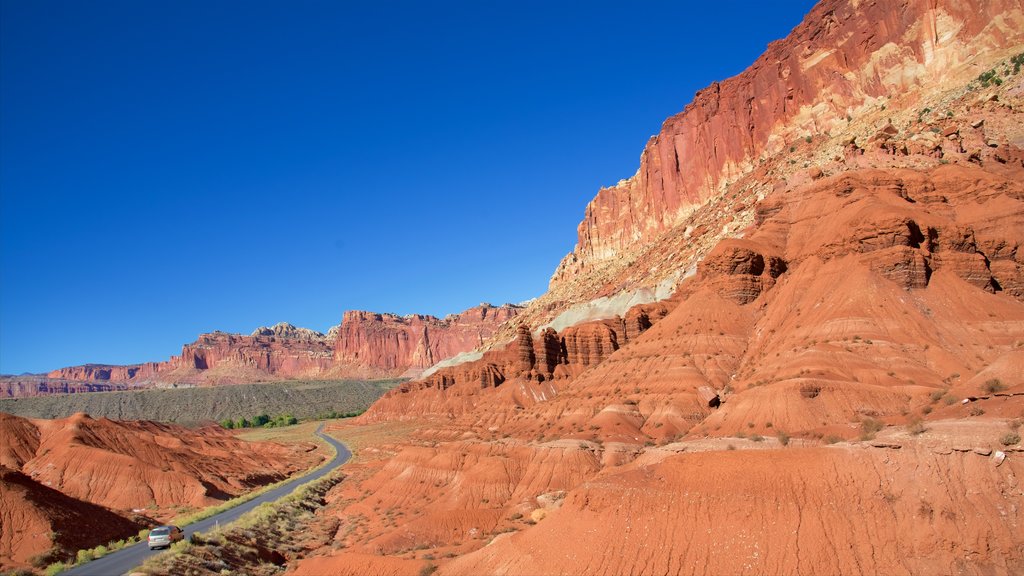 Capitol Reef National Park which includes desert views, tranquil scenes and a gorge or canyon