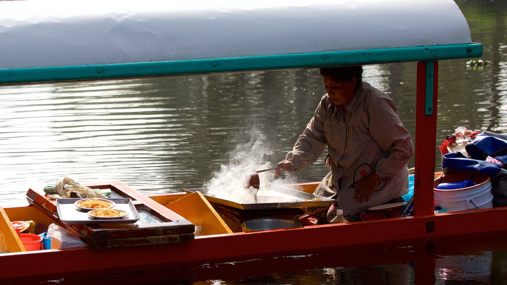 Xochimilco showing a river or creek, food and boating