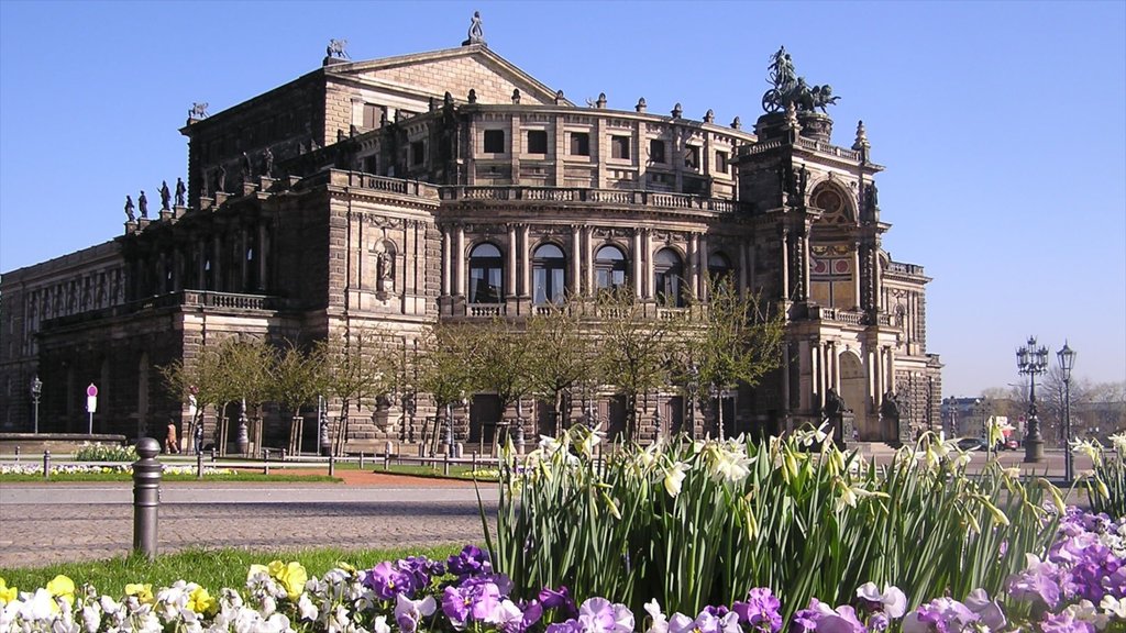 Plaza del Teatro ofreciendo flores, escenas urbanas y elementos del patrimonio