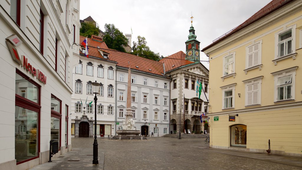 Ljubljana Town Hall showing a small town or village and street scenes