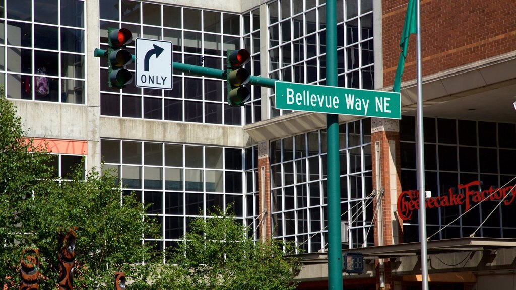 Bellevue Square featuring signage and street scenes