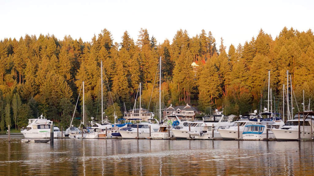 Gig Harbor ofreciendo una bahía o un puerto, un club náutico y imágenes de bosques