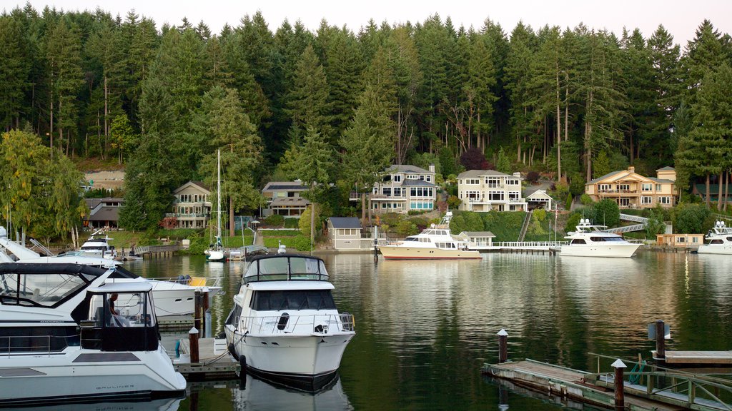 Gig Harbor featuring forest scenes, a bay or harbour and a coastal town