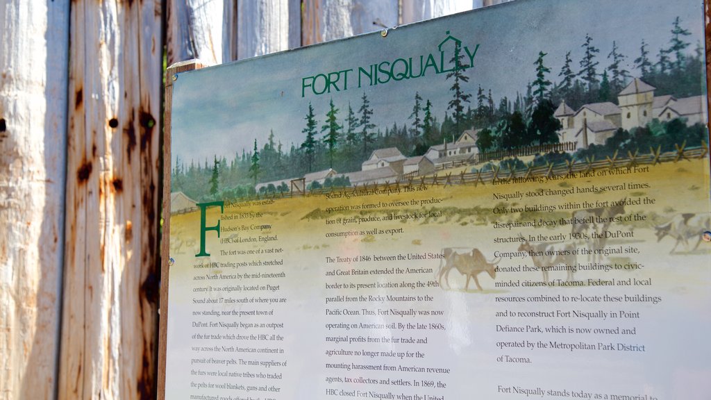 Fort Nisqually Living History Museum showing signage and interior views