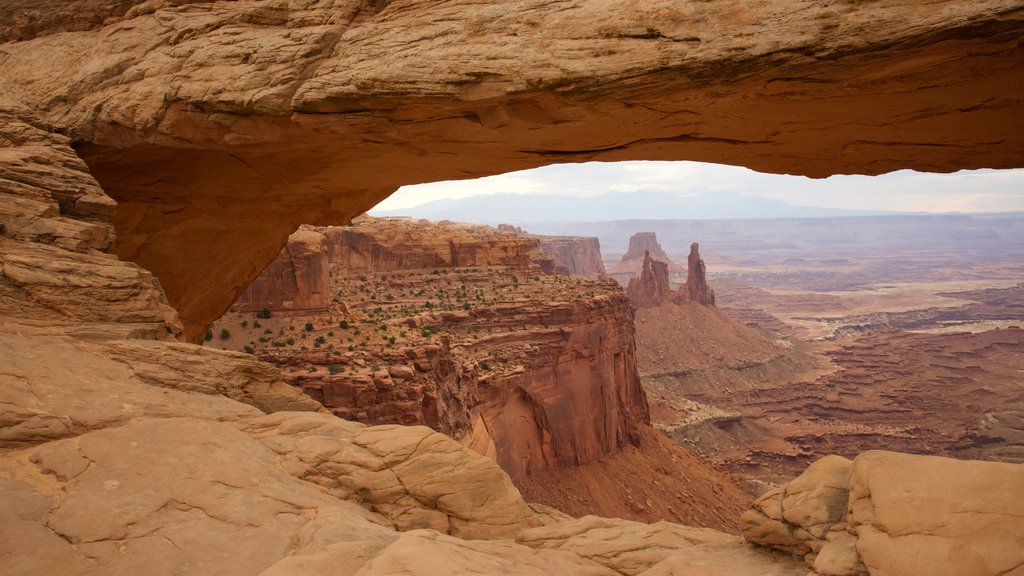 Ruta Mesa Arch ofreciendo vista panorámica, una garganta o cañón y escenas tranquilas