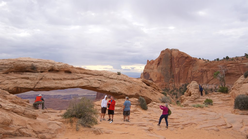 Ruta Mesa Arch mostrando escenas tranquilas y caminatas y también un pequeño grupo de personas