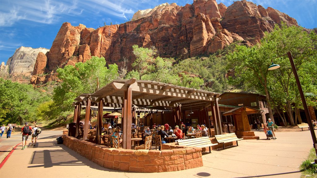 Zion National Park showing outdoor eating, mountains and tranquil scenes