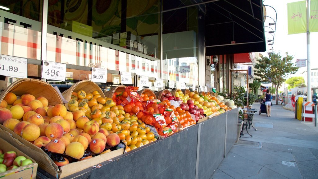 Barrio de Cow Hollow que incluye escenas urbanas, mercados y comida