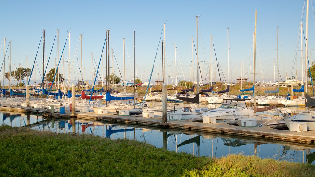 Parque Coyote Point que incluye una bahía o un puerto y velero