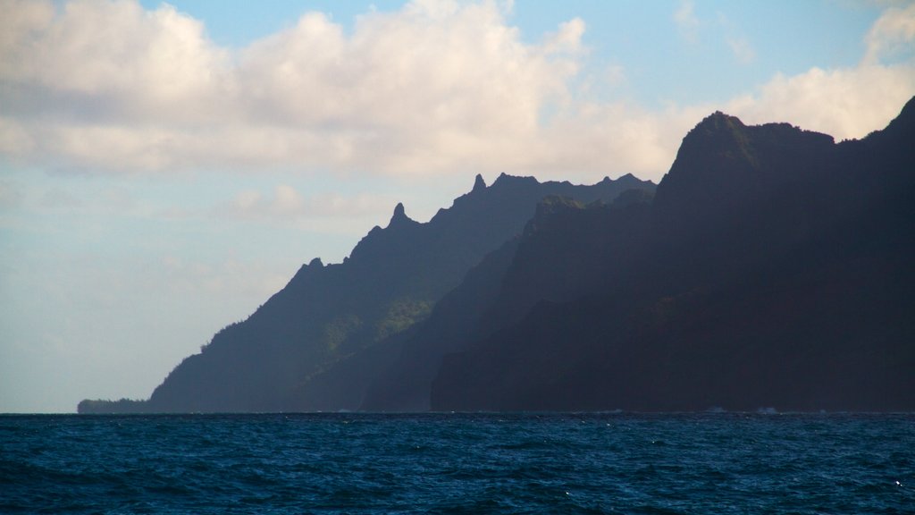 NaPali Coast State Park mostrando montañas, vistas generales de la costa y un barranco o cañón