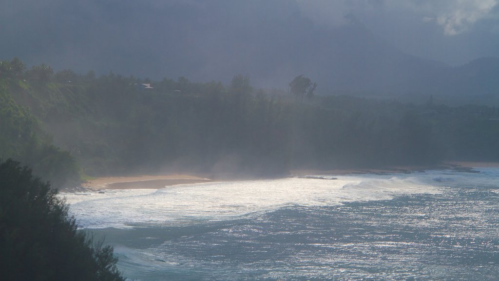 Faro Kilauea que incluye vistas generales de la costa y neblina o niebla