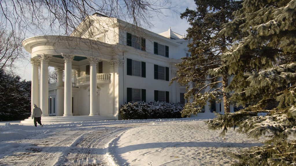 Arbor Lodge State Historical Park showing heritage architecture and snow as well as an individual male