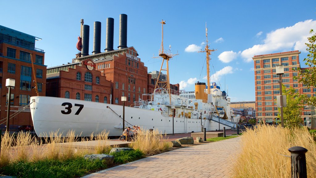 USCGC Taney showing heritage architecture and a marina