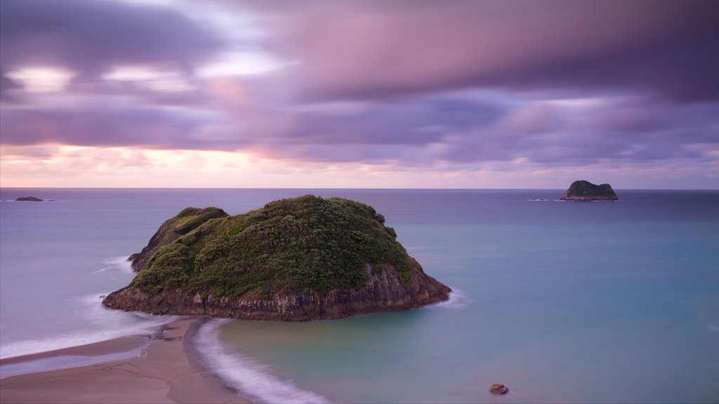 Sugar Loaf Marine Reserve que incluye un atardecer, imágenes de una isla y una playa de arena