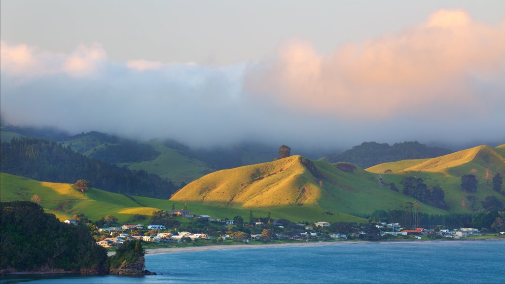 Whitianga mostrando una ciudad costera, escenas tranquilas y una bahía o puerto