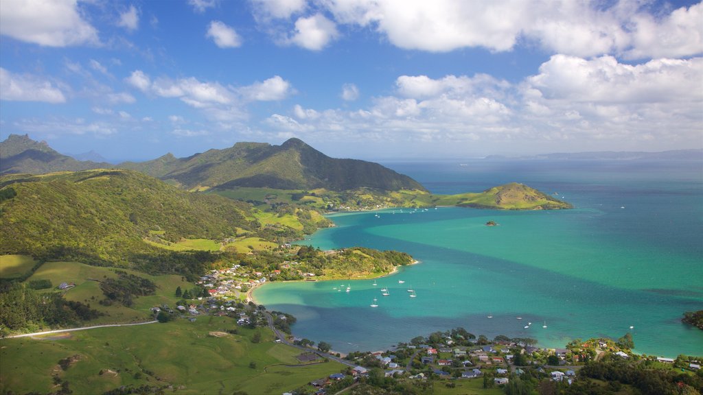 Mount Manaia featuring mountains, a coastal town and a bay or harbor