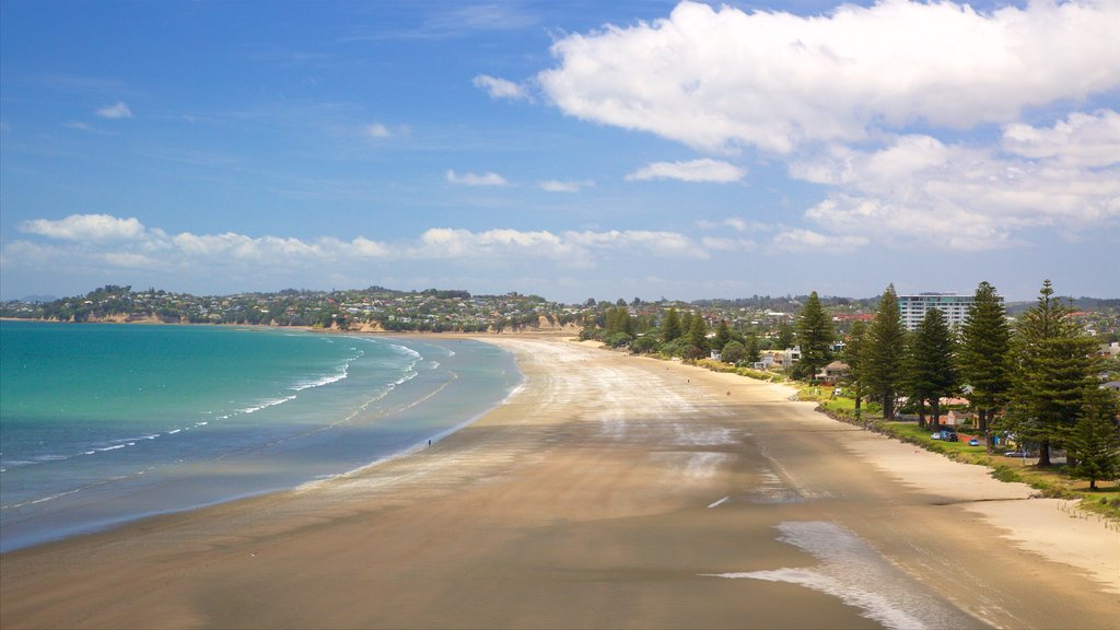 Orewa mostrando una bahía o puerto y una playa de arena