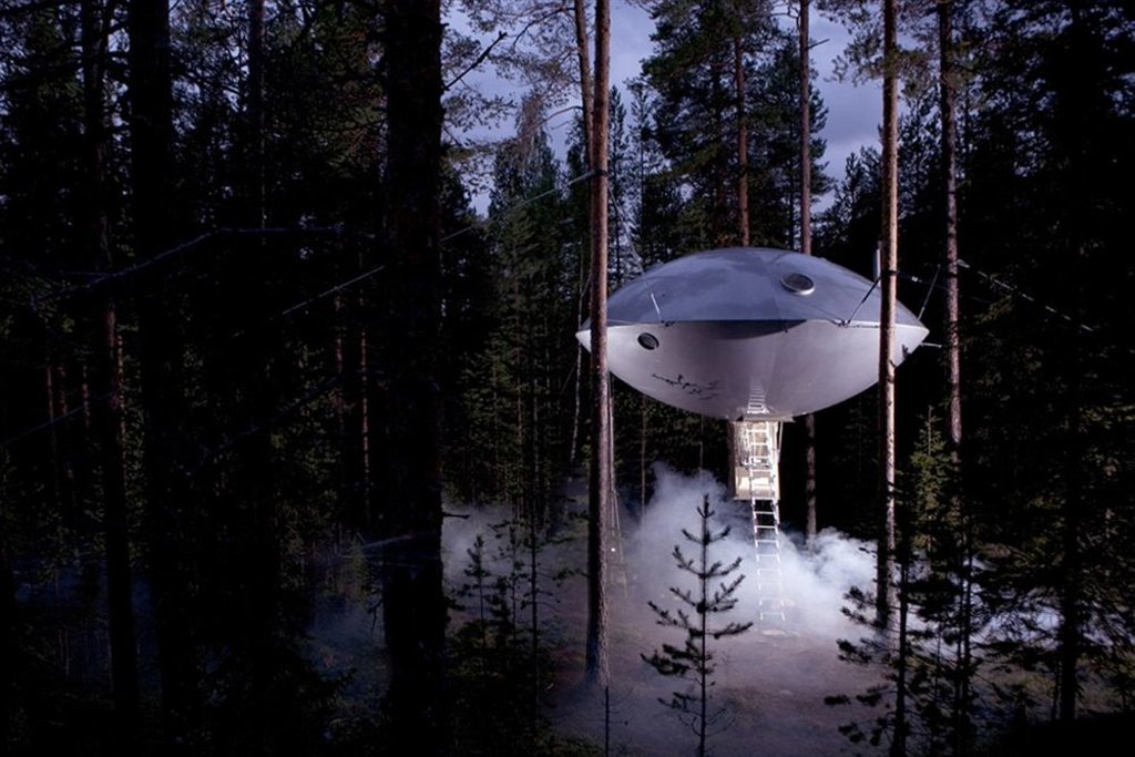 ufo shaped accommodation at treehotel, sweden