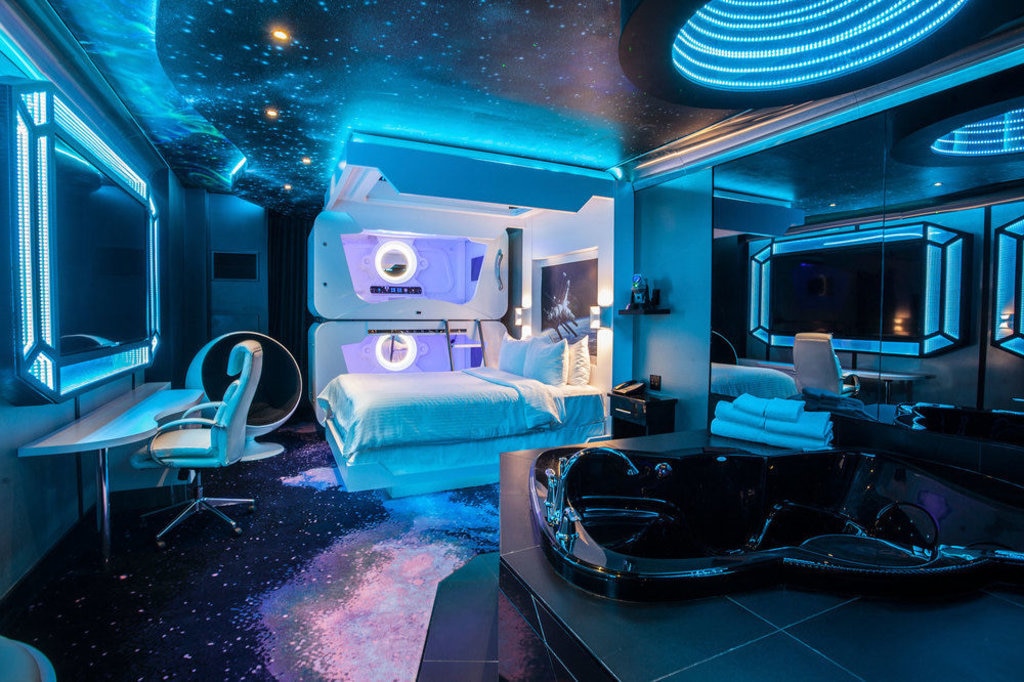 space themed hotel room at fantasy hotel, edmonton