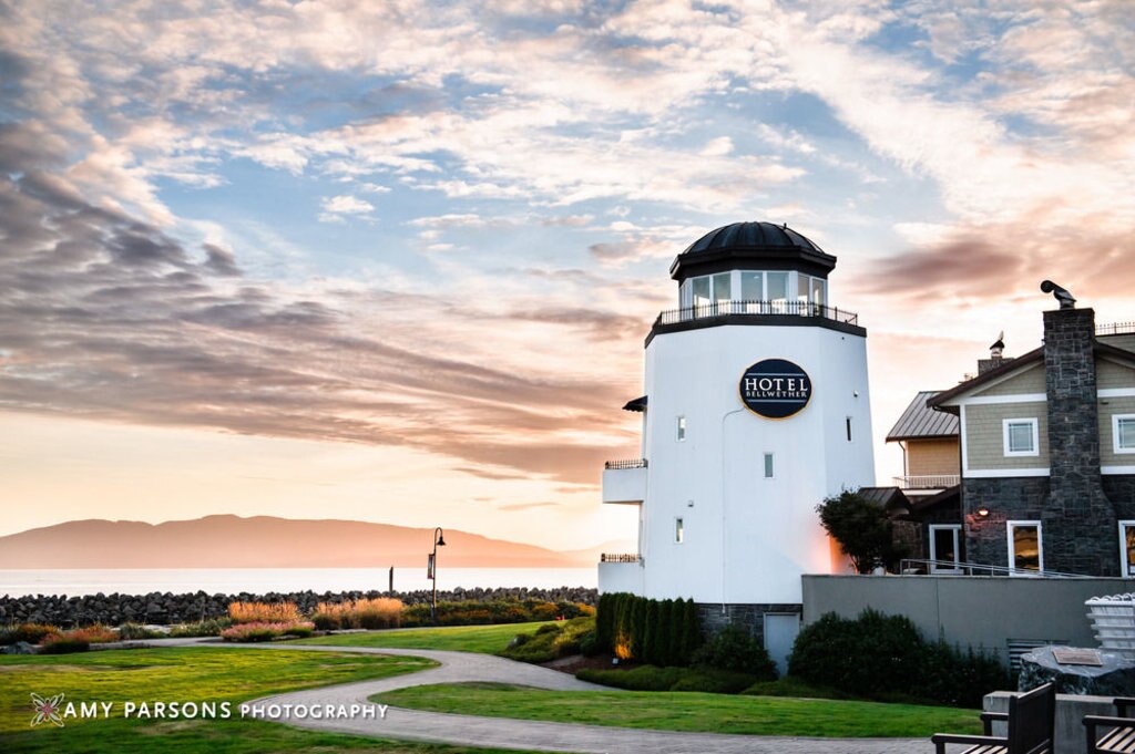 lighthouse building and views of the sea and surrounding area of Hotel Bellwether, Bellingham, Washington, USA