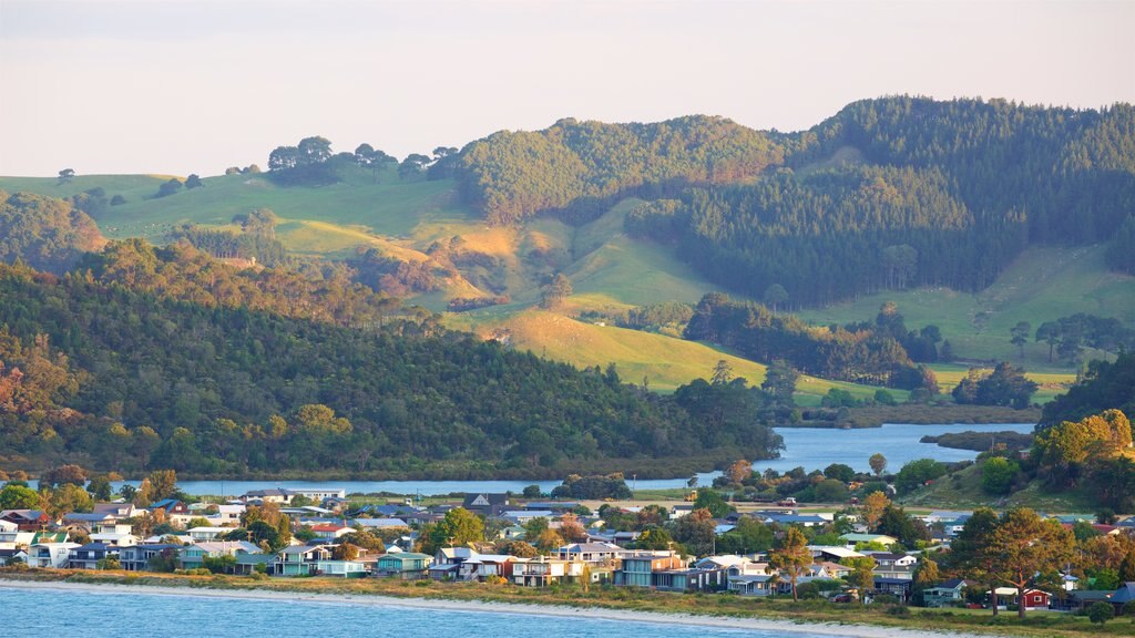 Cooks Beach que inclui paisagens litorâneas, cenas tranquilas e uma cidade litorânea