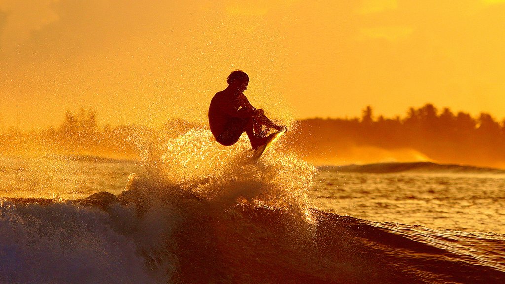 Maldivas mostrando un atardecer y surf y también un hombre