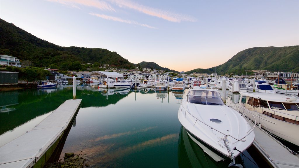 Picton havn som inkluderer solnedgang, fjell og marina