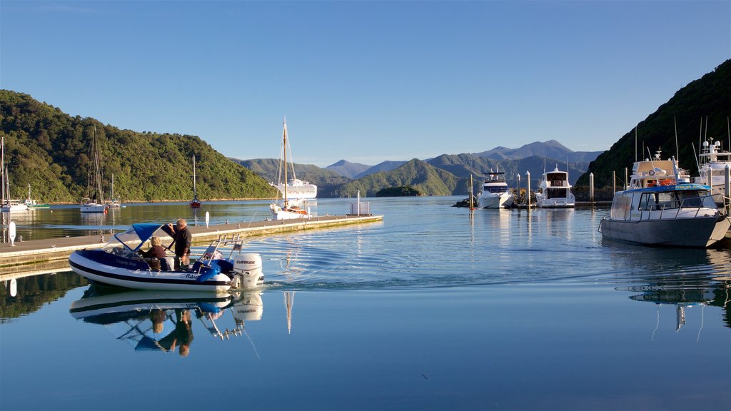 Picton Harbour que incluye una bahía o un puerto, botes y montañas