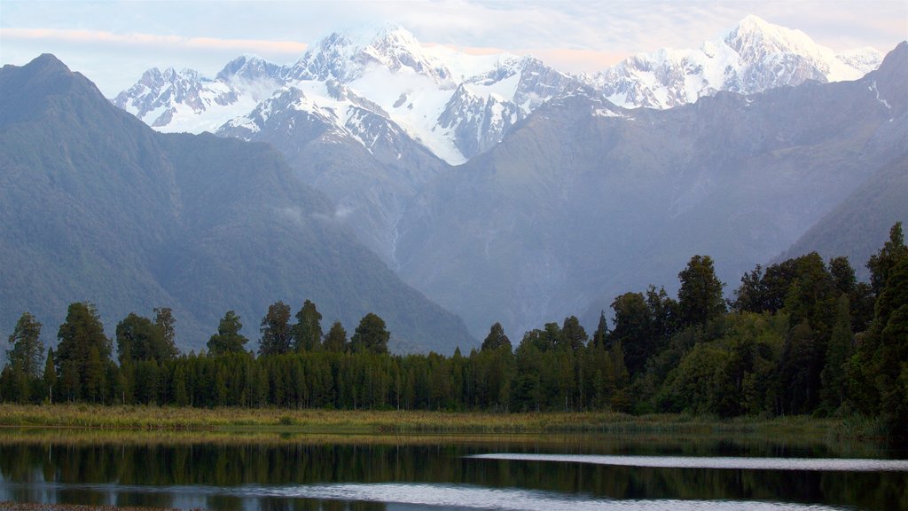 Fox Glacier ofreciendo bosques, un lago o espejo de agua y montañas