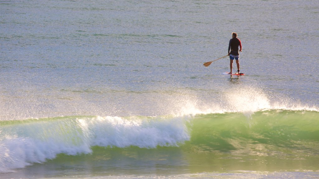 Praia de Agnes Water mostrando surfe e caiaque ou canoagem assim como um homem sozinho