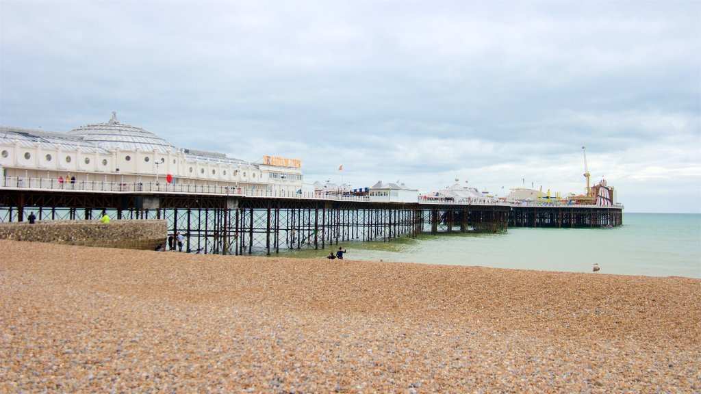 Brighton Pier som omfatter en stenstrand og udsigt over kystområde