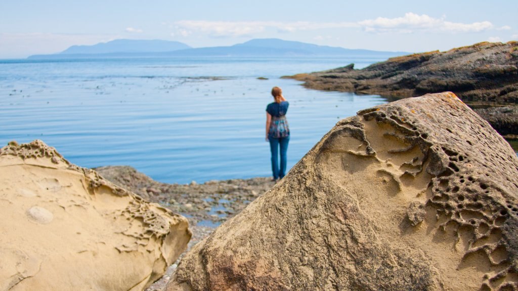 Pender Island which includes rugged coastline and a bay or harbor as well as an individual femail