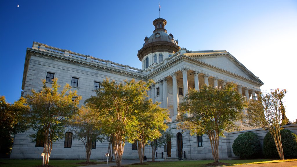 South Carolina State House showing heritage architecture, a garden and a sunset