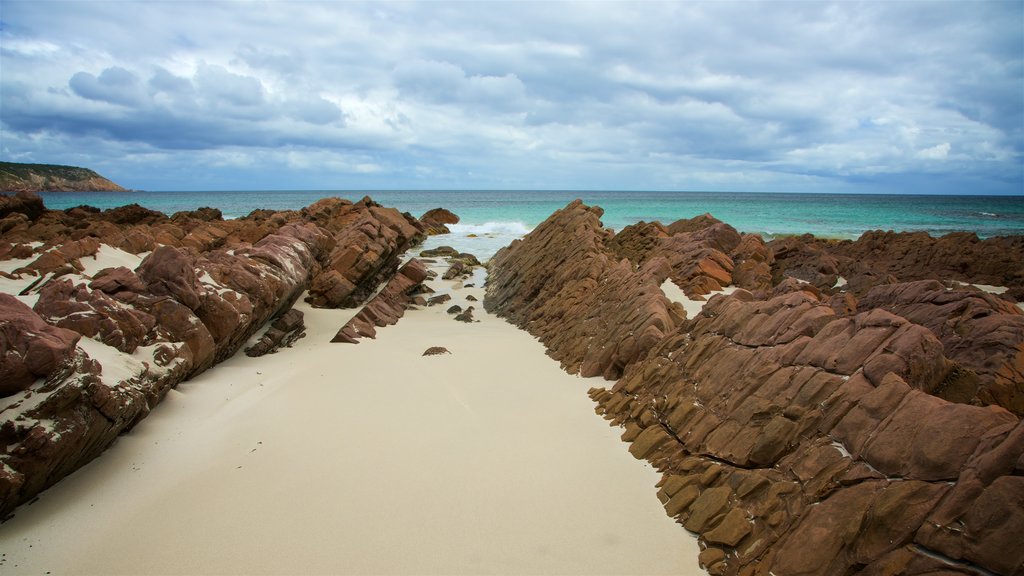 Stokes Bay which includes a sandy beach, general coastal views and rugged coastline