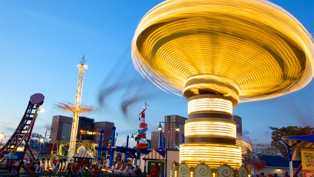 Coney Island showing rides and night scenes