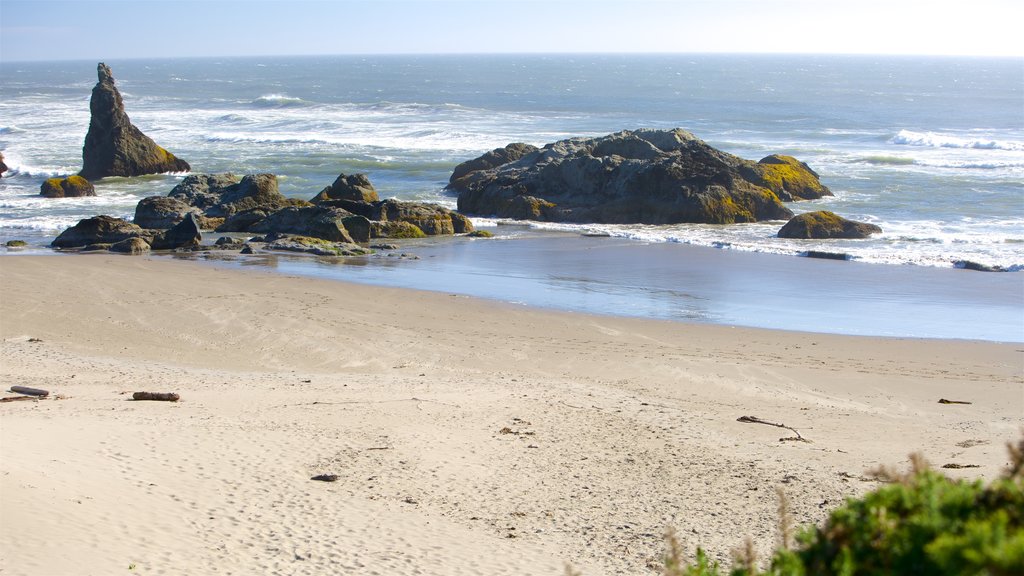 Bandon Beach featuring a sandy beach and rugged coastline