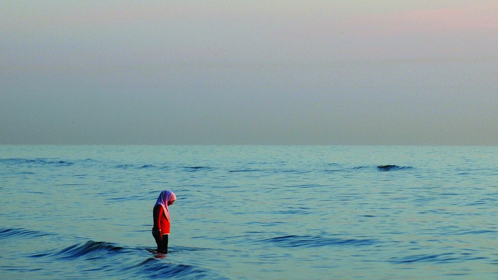 Zandvoort que incluye vista general a la costa y también una mujer