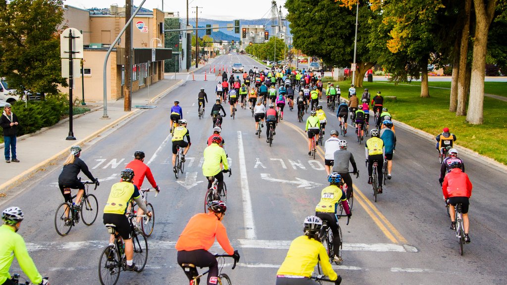 Kalispell featuring road cycling as well as a large group of people