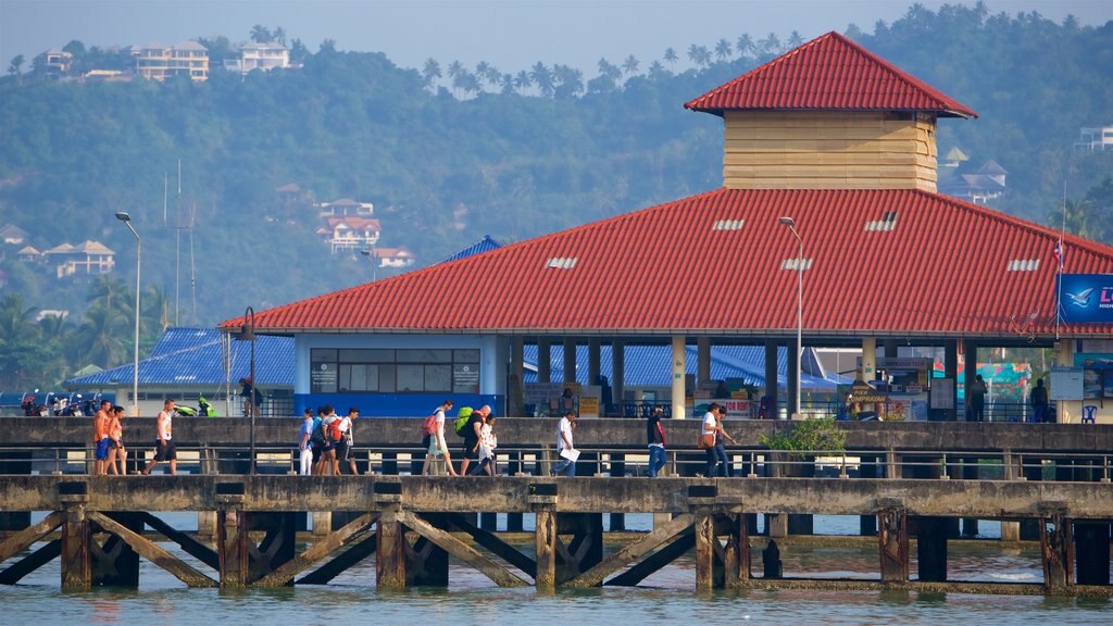 Nathon Pier showing a bay or harbour as well as a small group of people