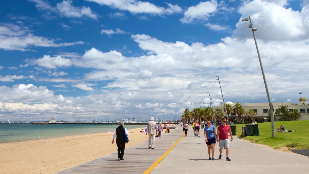 St. Kilda Beach which includes a beach and a bay or harbor as well as a small group of people