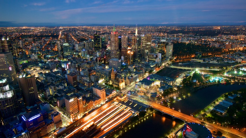 Eureka Tower which includes night scenes, cbd and a city