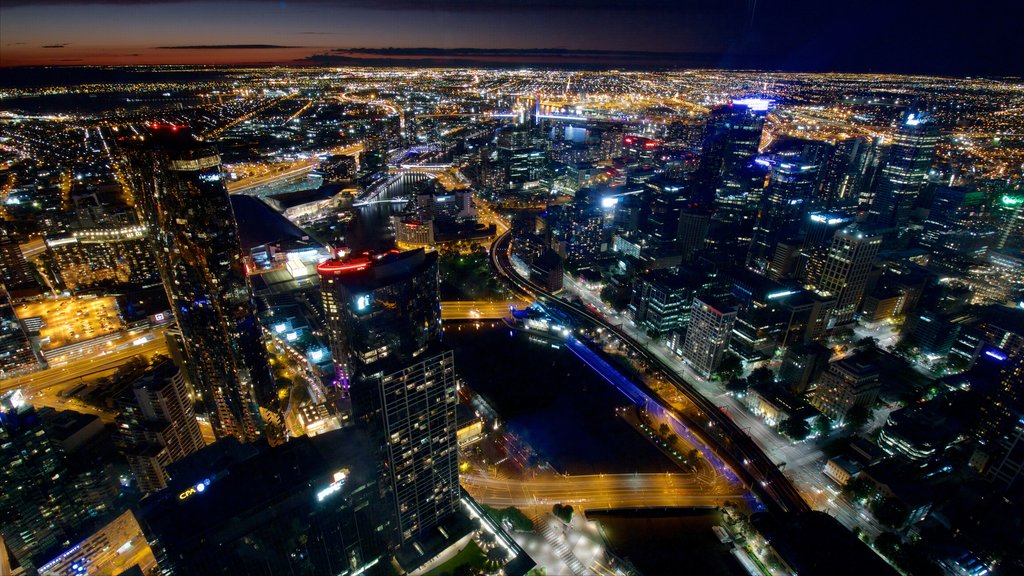 Eureka Tower which includes night scenes, city views and a city