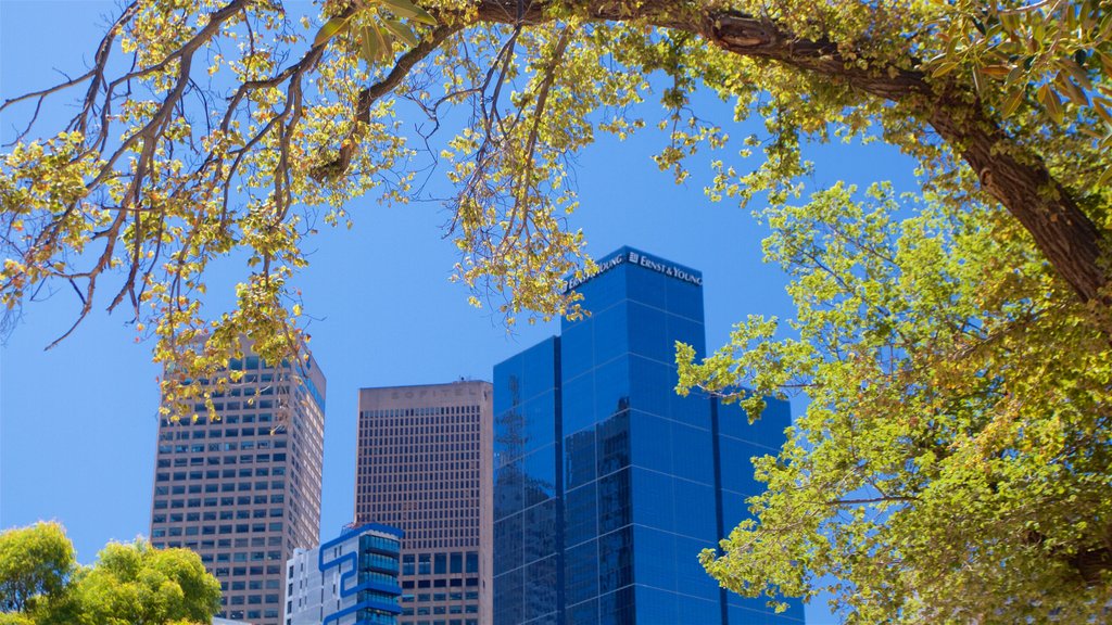 Parc Birrarung Marr montrant un gratte-ciel, une ville et un jardin