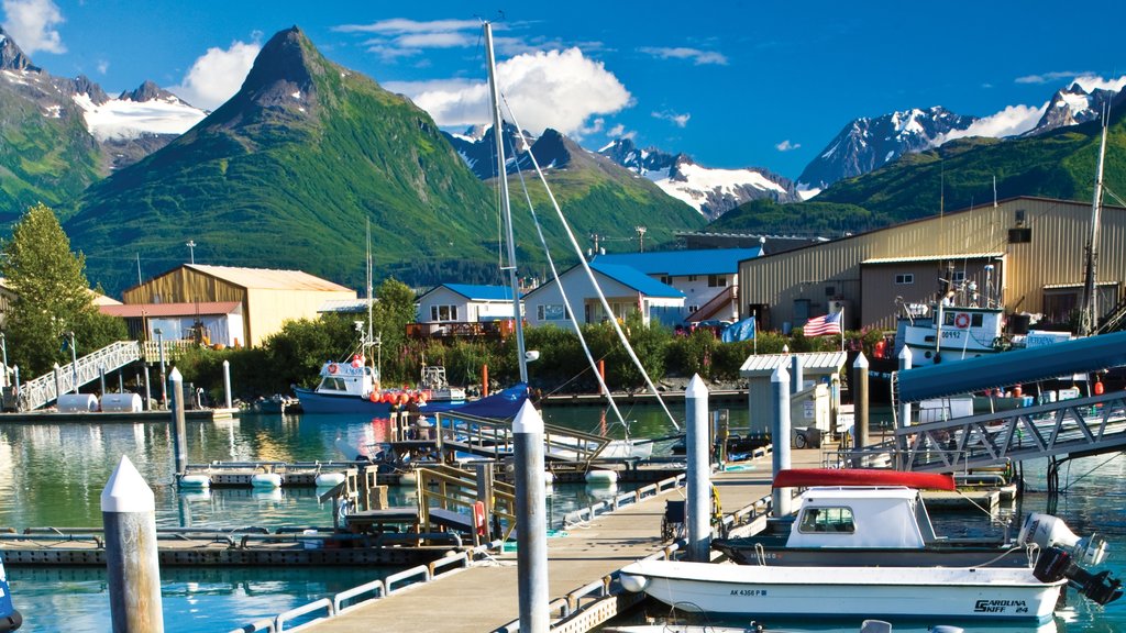 Valdez qui includes montagnes, une marina et bateau