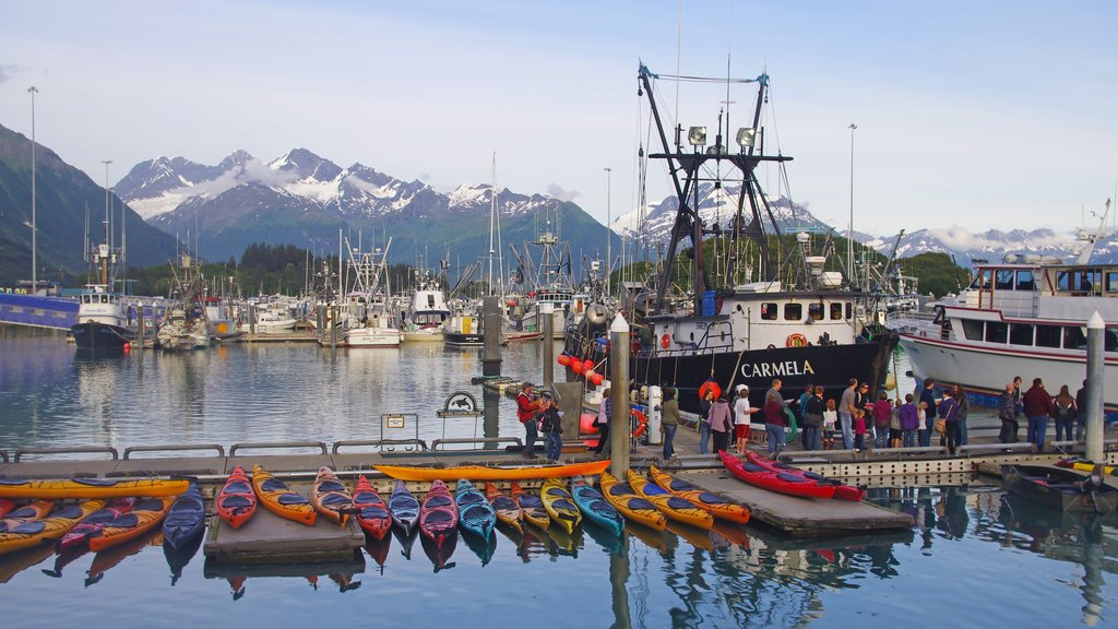 Valdez which includes mountains, a bay or harbour and a marina