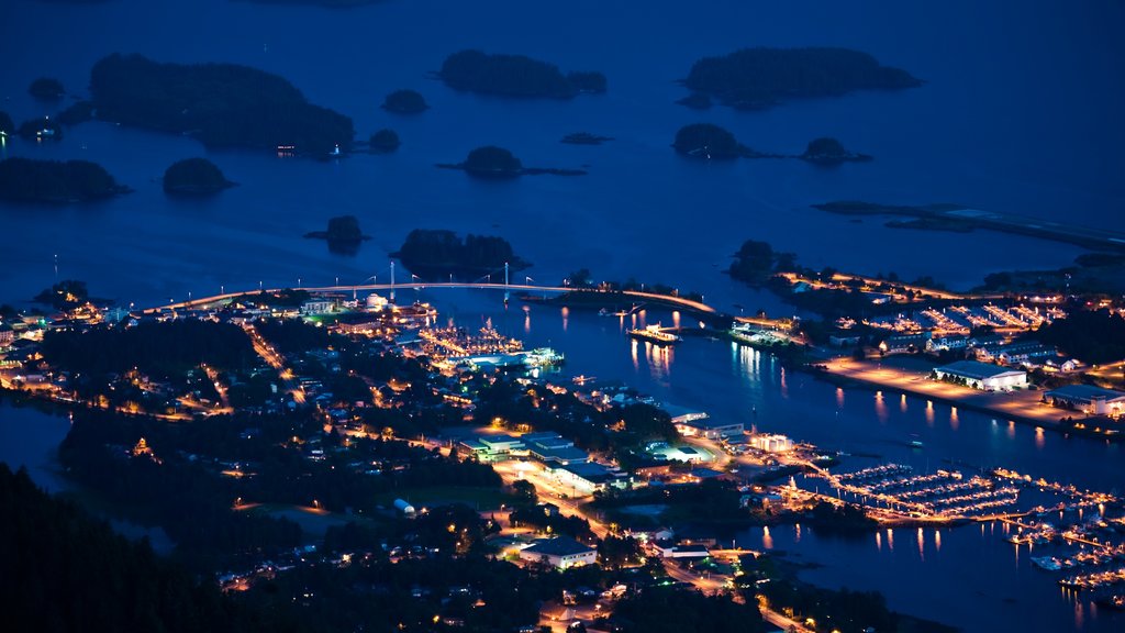 Sitka que incluye una bahía o puerto, una marina y escenas nocturnas