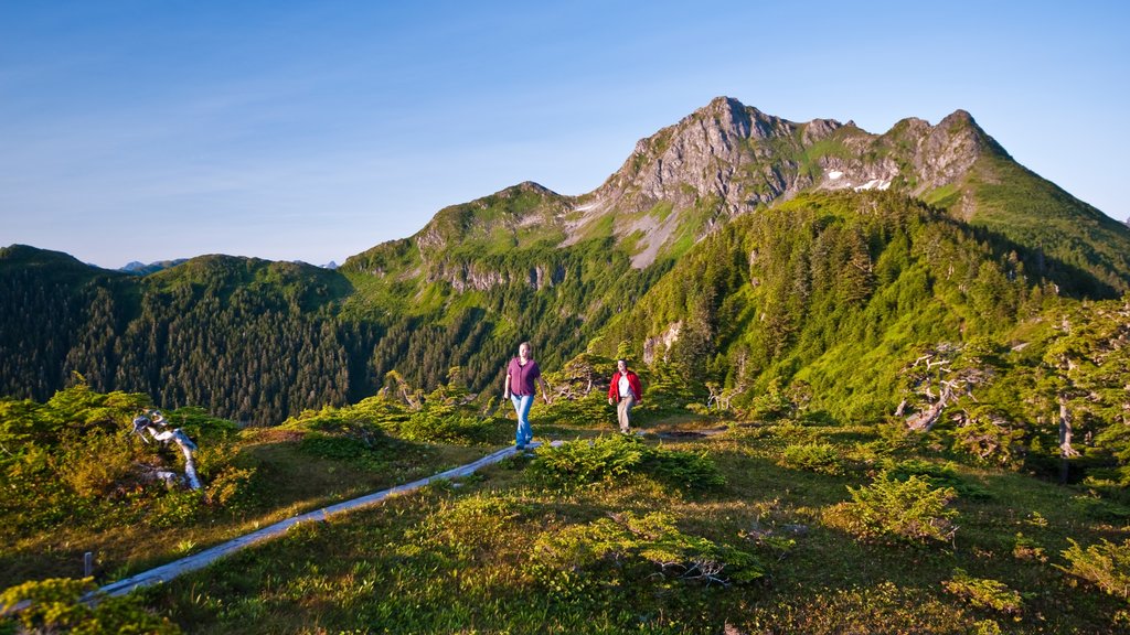 Sitka joka esittää rauhalliset maisemat ja vuoret sekä pieni ryhmä ihmisiä