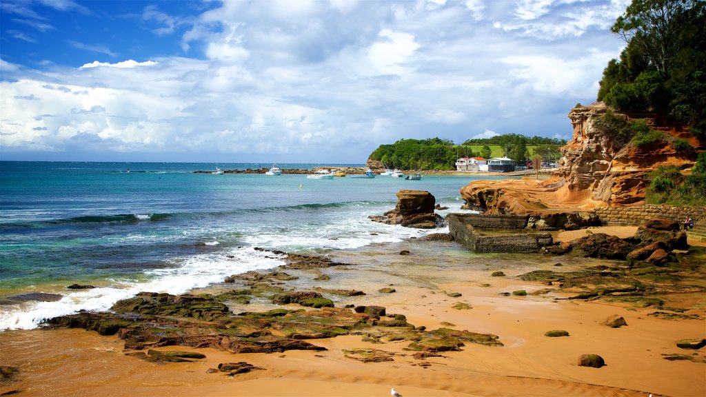 Terrigal showing rugged coastline, a sandy beach and a bay or harbour