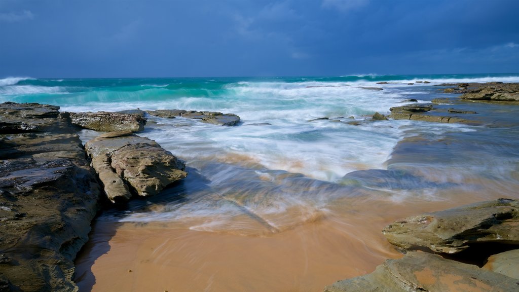 The Entrance ofreciendo costa rocosa, una playa y olas