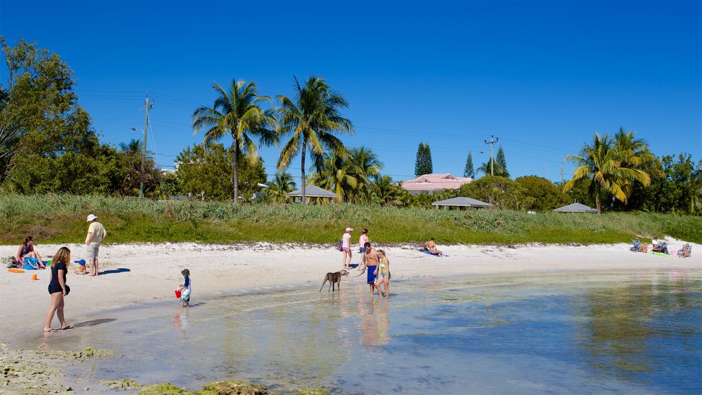 Sombrero Beach ofreciendo una bahía o un puerto y una playa de arena y también un pequeño grupo de personas